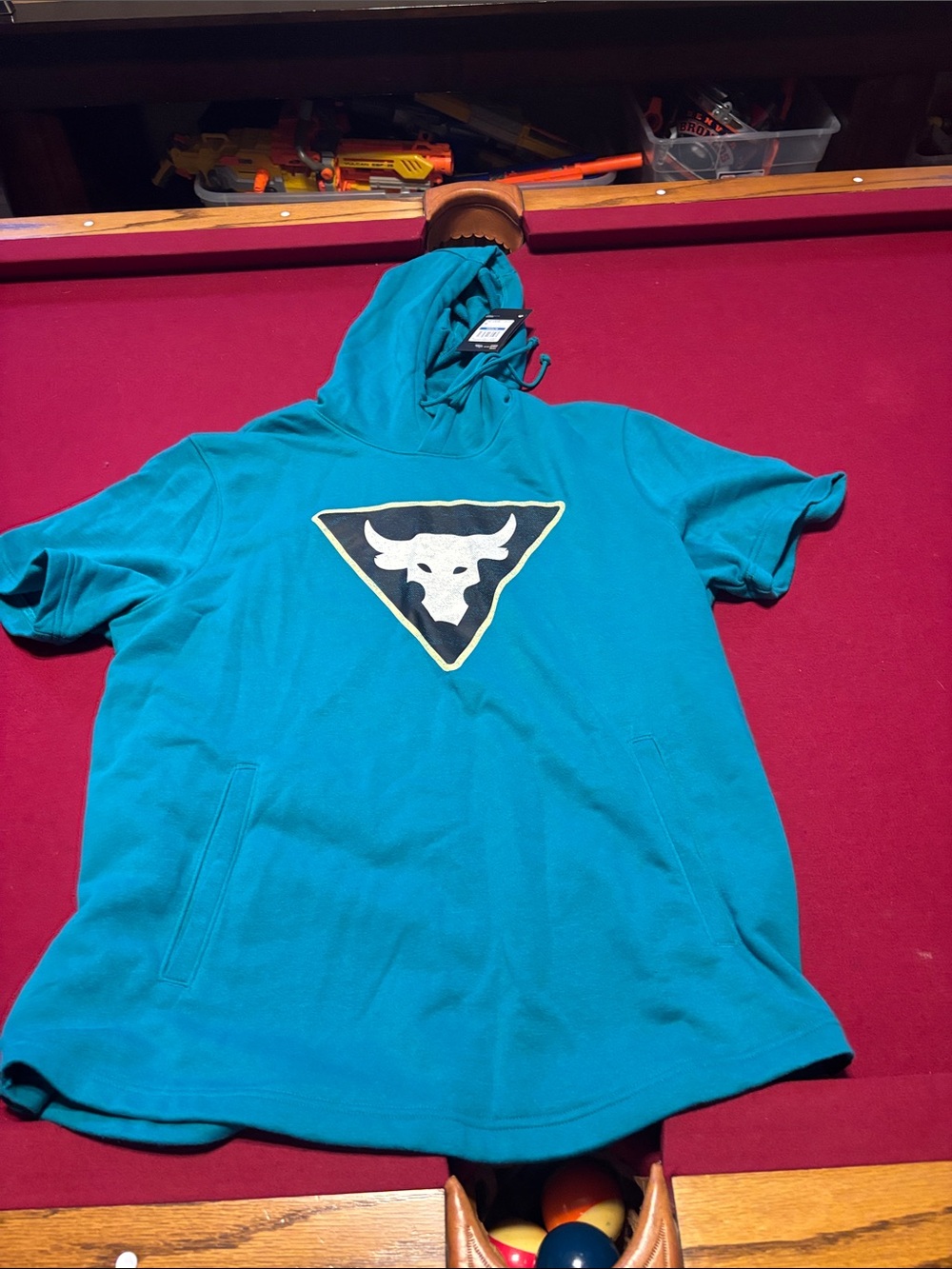 Project rock Under Armour Teal Short Sleeve Hoodie with Bull Logo